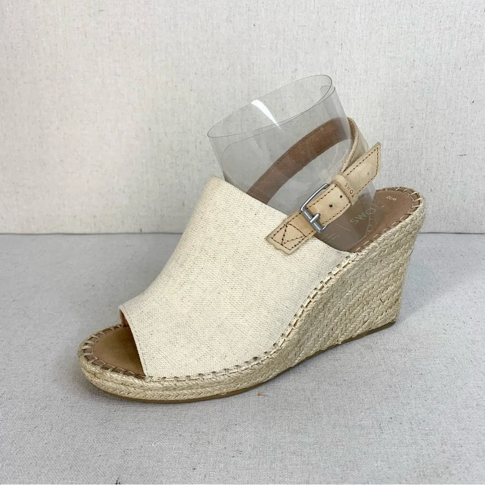 Toms - Monica Classic Linen/Leather Wedge Slingback Espadrille Sandal - Size 10 - Picture 1 of 11